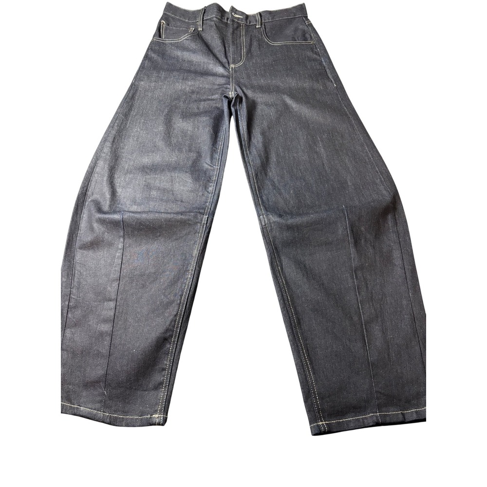 Zara Women Indigo Raw Denim Wide Leg Barrel Jeans High Waist Seam Detail Size 6